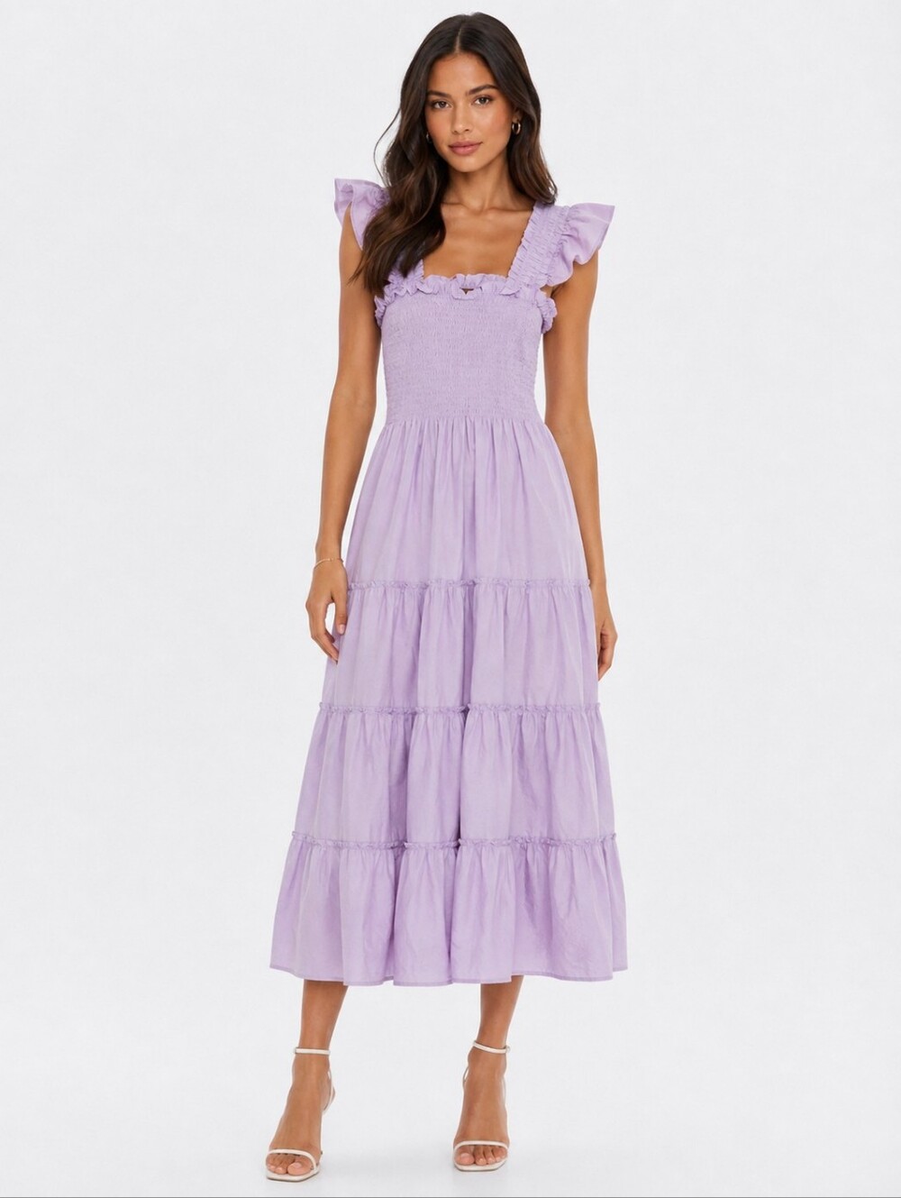 Quince Lavender Lilac organic cotton Smocked Ruffle Tiered Midi Dress Size XS